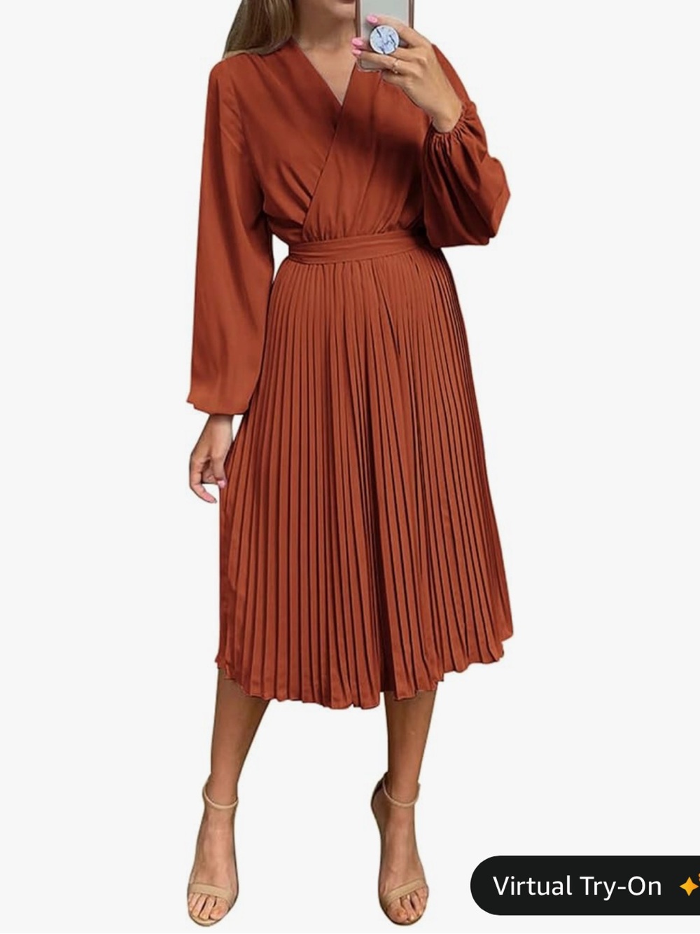 Pleated Wrap Midi Dress in Rust